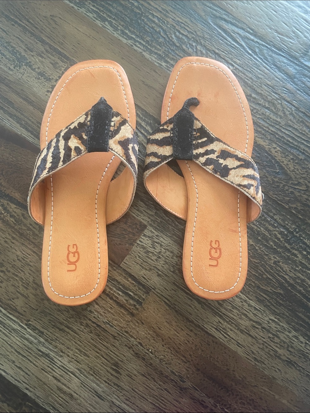 UGG Women's Tan Leather Thong Sandals with Zebra-Print Strap